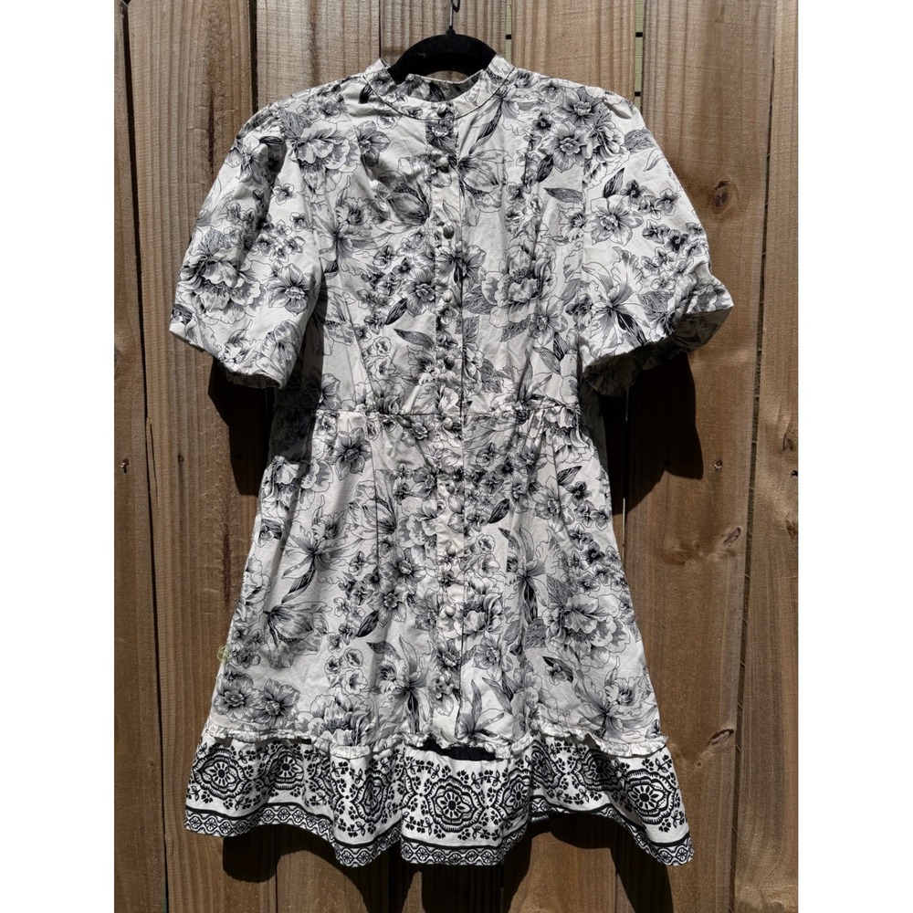 Joie Black White Floral Puff Sleeve Mini Dress Button Front Size 4